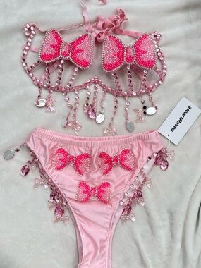 Pink Bow Jeweled Fringe Bralette Set - Women Intimates & Sleepwear